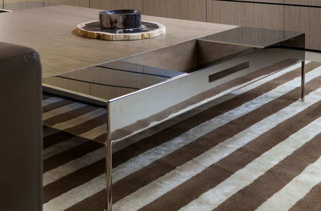 Shanghai Table rectangular coffee table with mirrored base and dark glass top