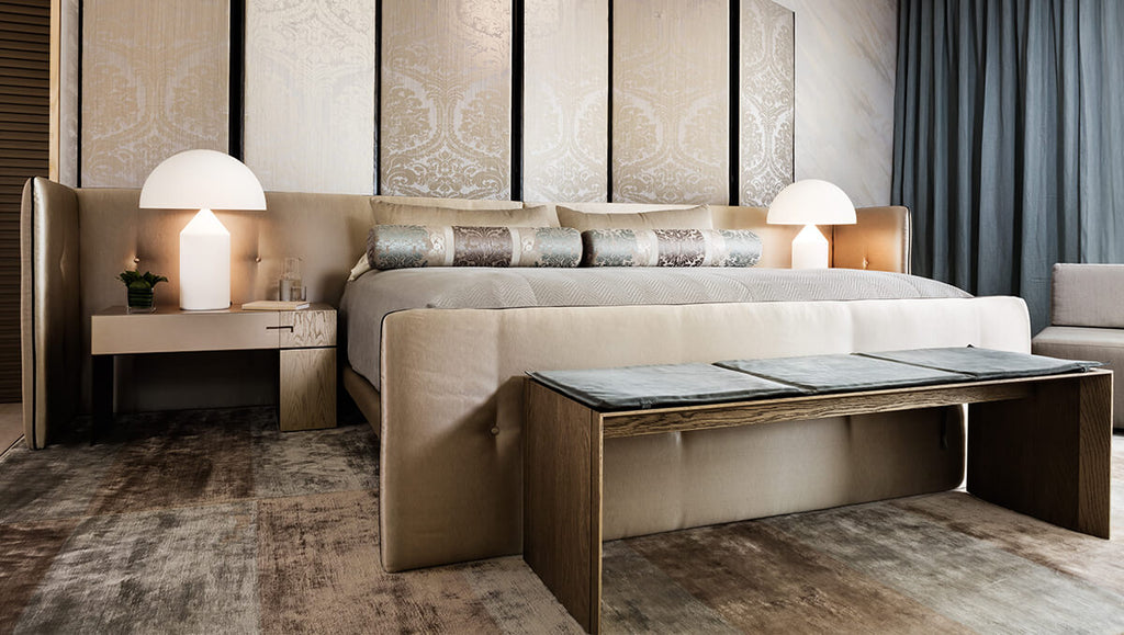 Luxurious upholstered Venice Bed with elegant headboard and matching end-of-bed bench