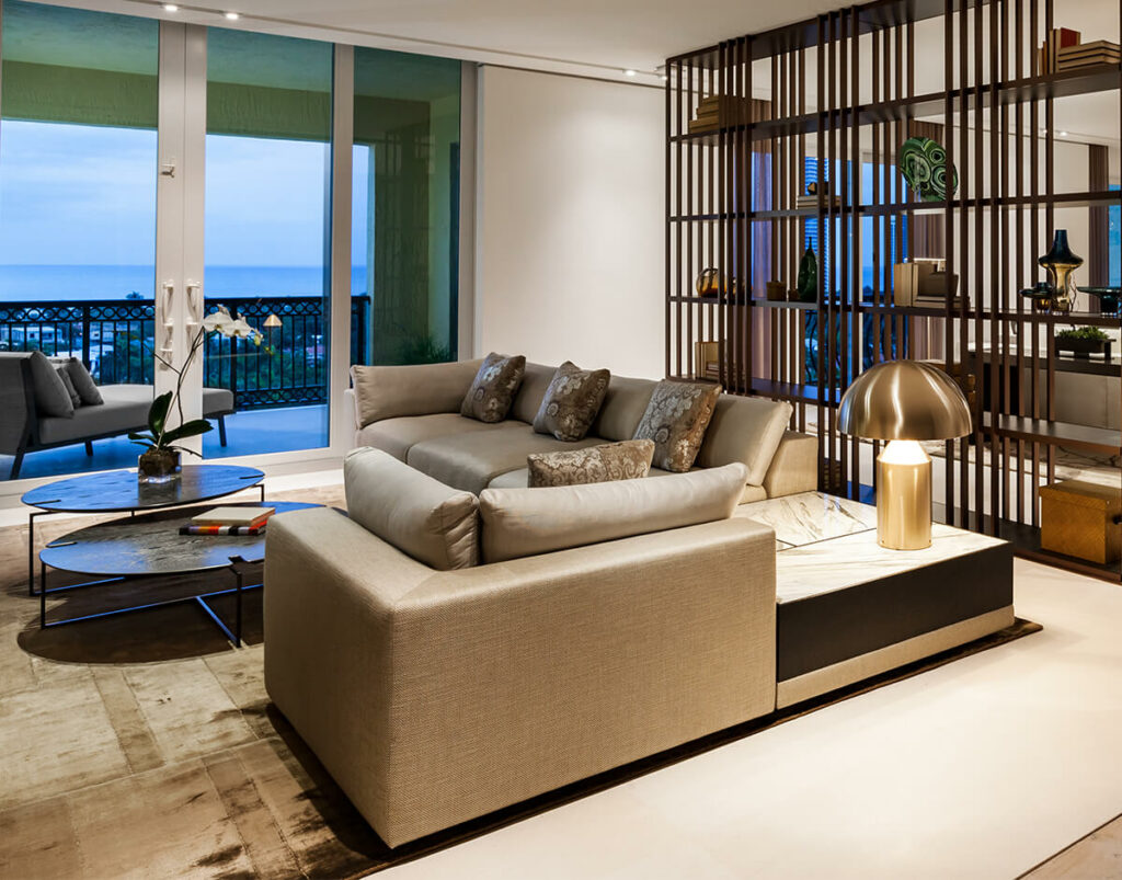 Bulgari Sofa large L-shaped sectional in light neutral fabric for modern living room