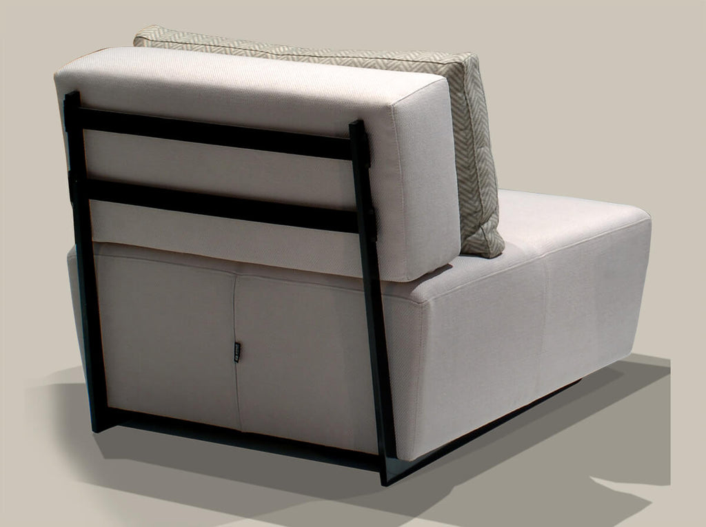 Lucca Chair modern white upholstered armchair with black metal frame and patterned throw pillow