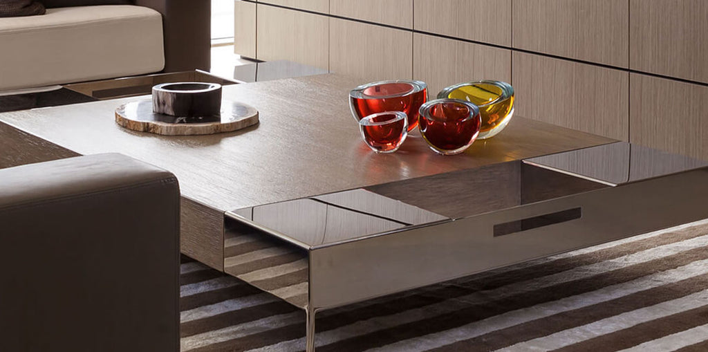 Shanghai Table rectangular coffee table with light-colored top and metallic lower shelf