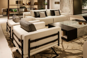 Rome Chair modern living room with white upholstered sofas and marble coffee table
