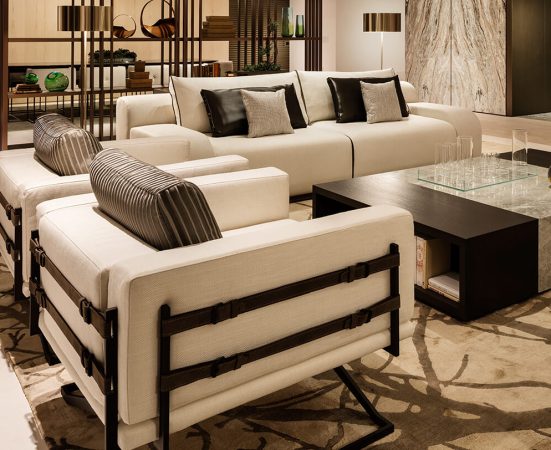Rome Chair with contemporary living room set featuring light cushions and dark accent pillows