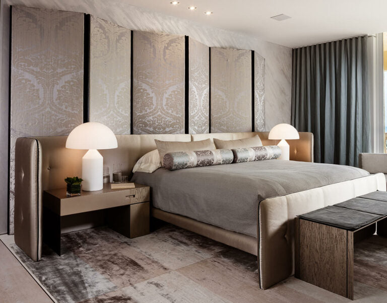 Luxurious modern bedroom with large upholstered bed featuring Antwerp Screen for privacy