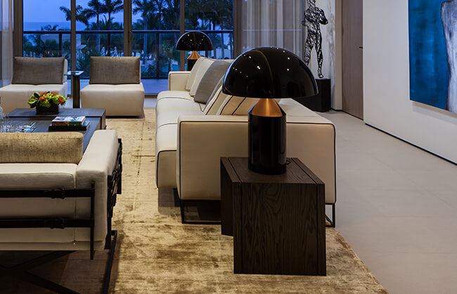 Modern black mushroom-shaped table lamp with copper accent for Glasgow Sofa decor