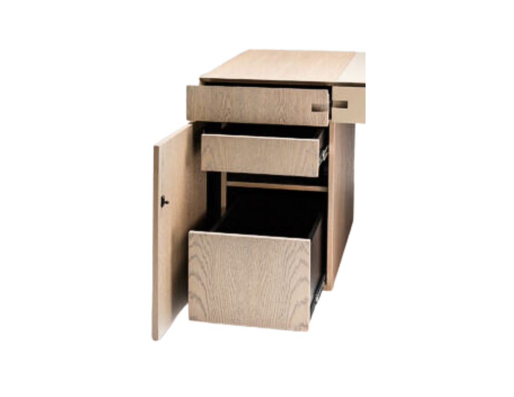 Light brown wooden filing cabinet with open drawers, part of the Brussels Desk setup