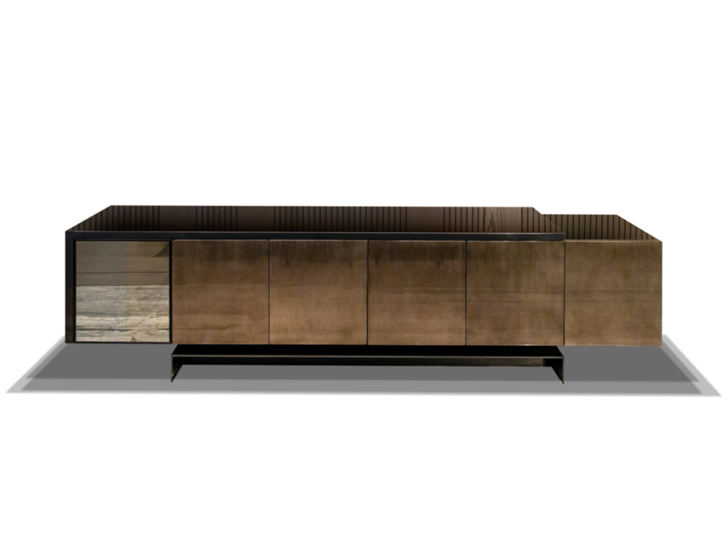 Athens Console with lacquered steel frame and vertical ridged doors in modern design