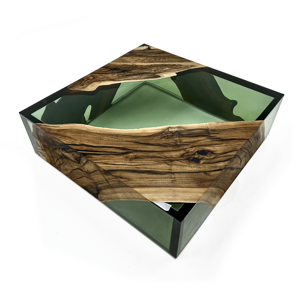 Green Monoblock Walnut Wood River Square Coffee Table - ARDITI