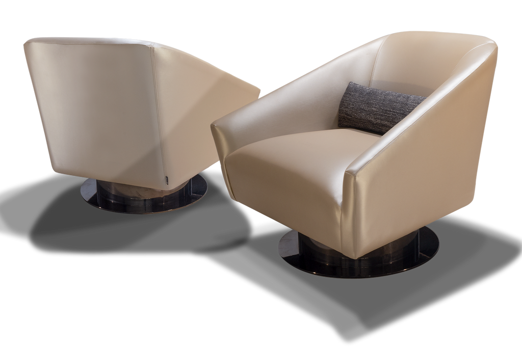 Ancona Chair with two beige leather swivel armchairs and a small throw pillow