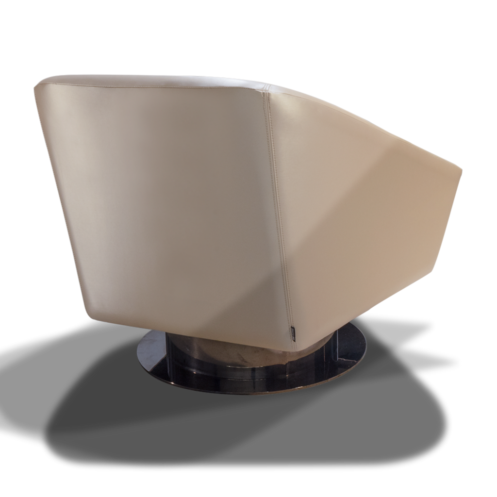 Cream-colored modern Ancona Chair with circular polished metal base for stylish seating