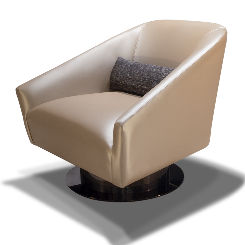 Ancona Chair modern cream-colored swivel armchair with dark grey lumbar pillow