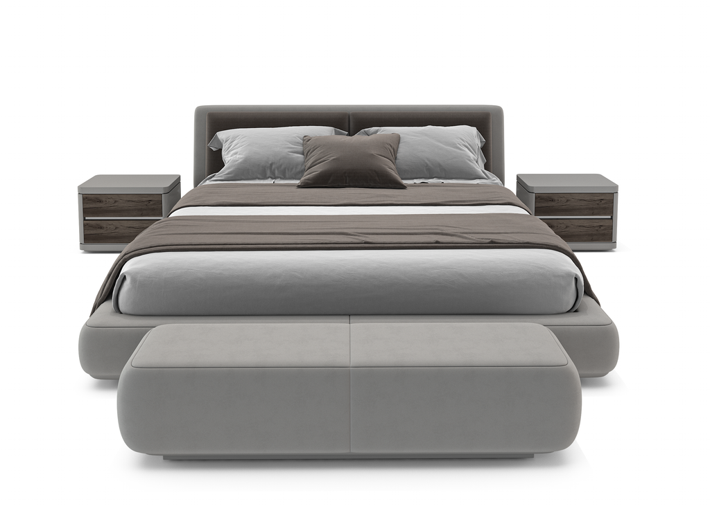 Modern gray upholstery on Endymion Bed with matching bench and nightstands