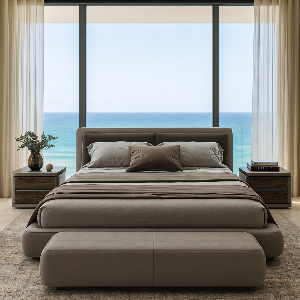 Endymion Bed with modern gray upholstery, padded headboard, bench, and matching nightstands
