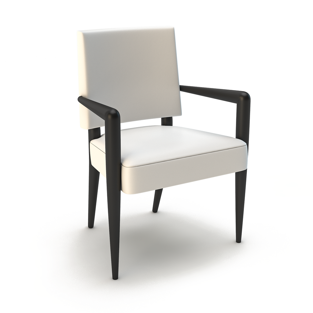 Contemporary White & Black Athamas Dining Chair with light upholstery and black wooden arms