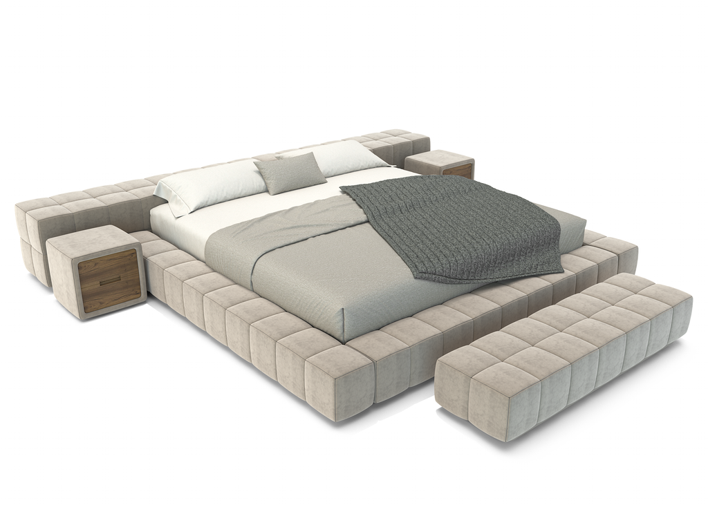 Thalion Bed with neutral upholstery material, integrated side tables, and benches