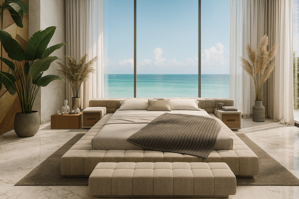 Thalion Bed with tufted upholstery material and cozy knitted throw blanket