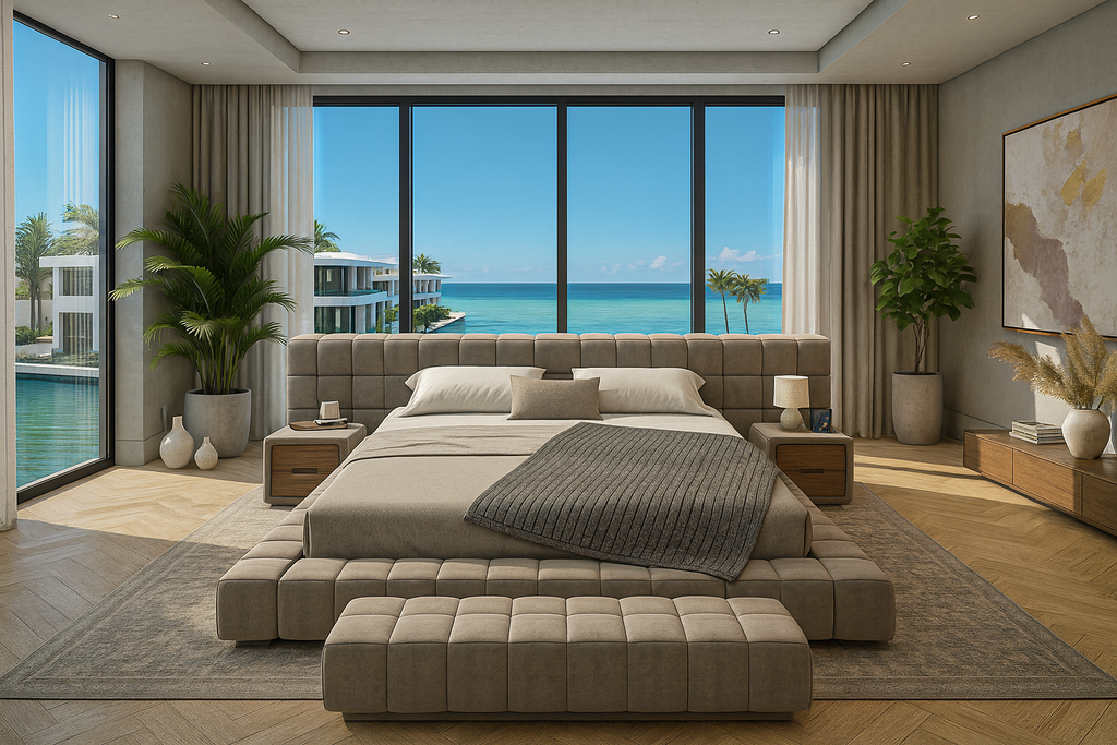 Modern Thalion Bed with tufted upholstery headboard and matching bench for stylish bedroom decor