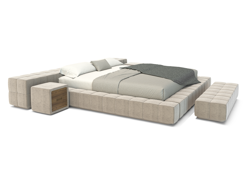 Modern Thalion Bed with upholstered frame and matching side tables and bench