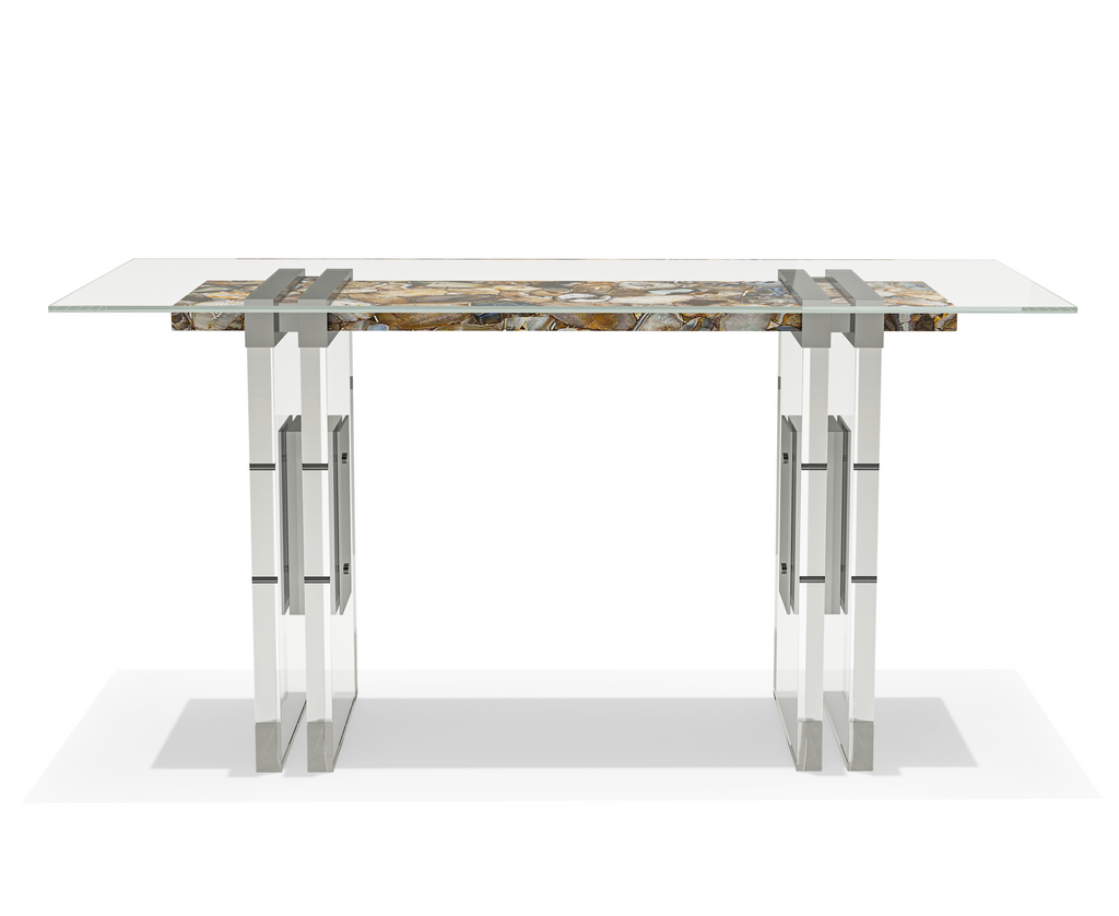 Modern Merope Brown Agathe Stone Entryway Table with glass top and multi-colored stone insert