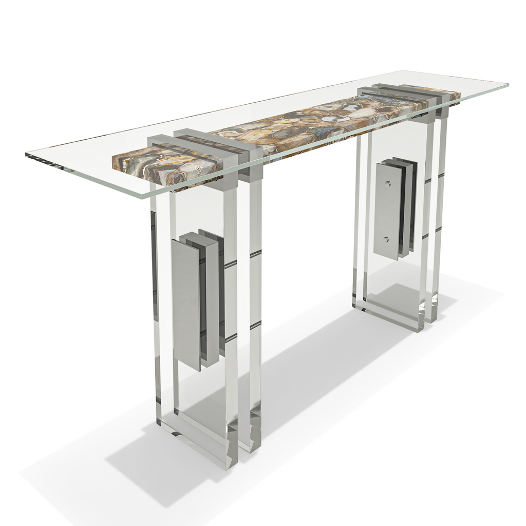 Merope Brown Agathe Stone Entryway Table with glass top, polished stone slab, acrylic legs