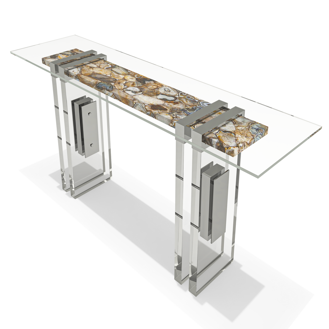 Modern Merope Brown Agathe Stone Entryway Table with clear acrylic frame and chrome accents