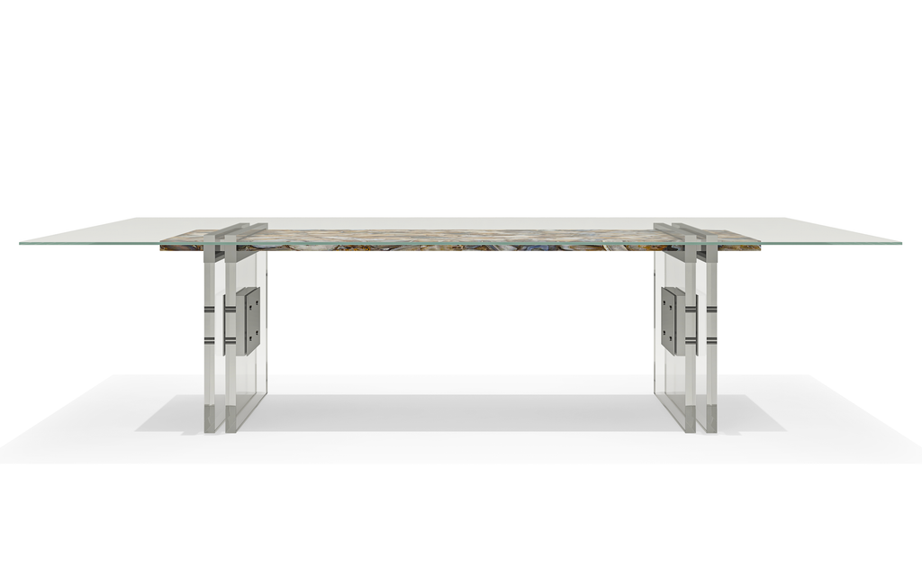 Merope Brown Agathe Stone Dining Table with glass top and abstract pattern central panel