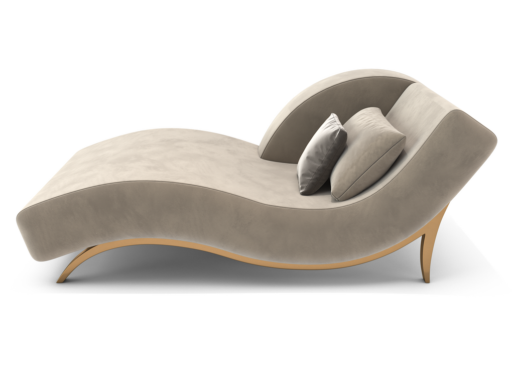 Modern light grey velvet Euphrosyne Chaise Longue with curved wooden frame and pillows