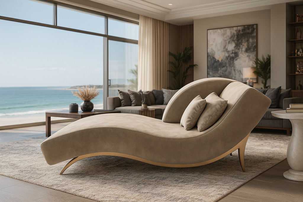 Euphrosyne Chaise Longue with beige upholstery and curved design featuring two throw pillows