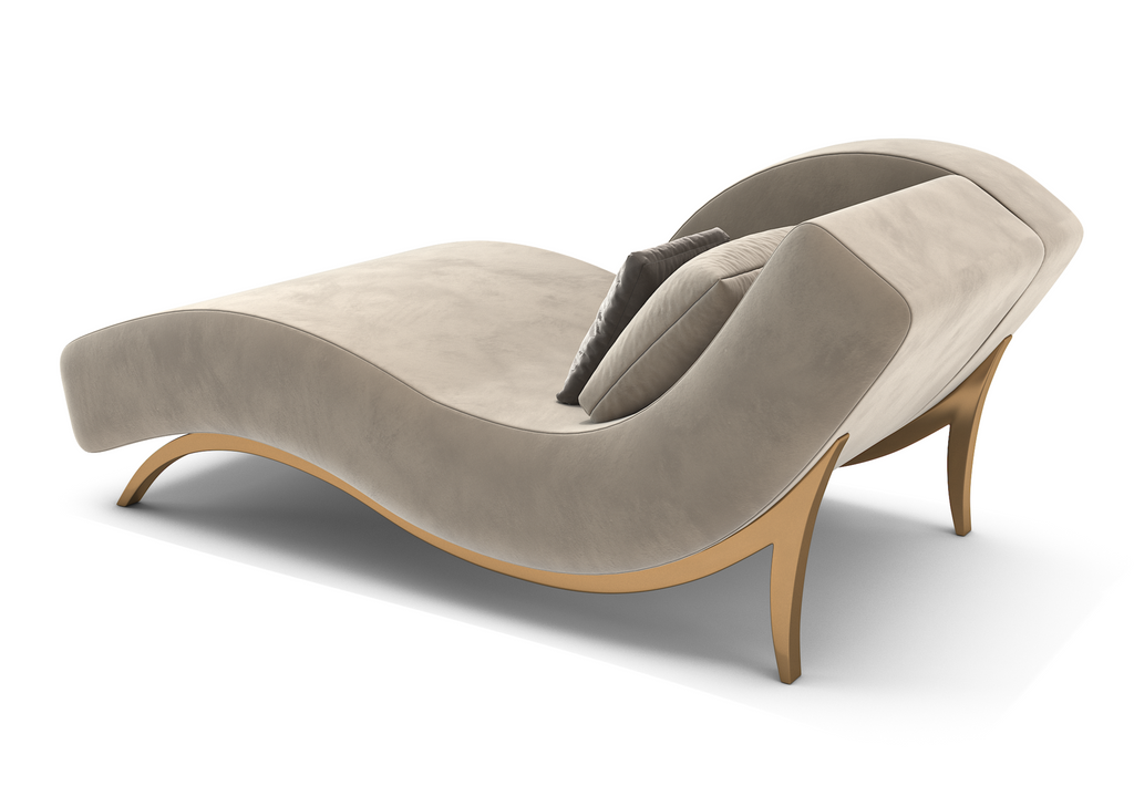 Euphrosyne Chaise Longue with neutral upholstery, curved wooden base, and throw pillow