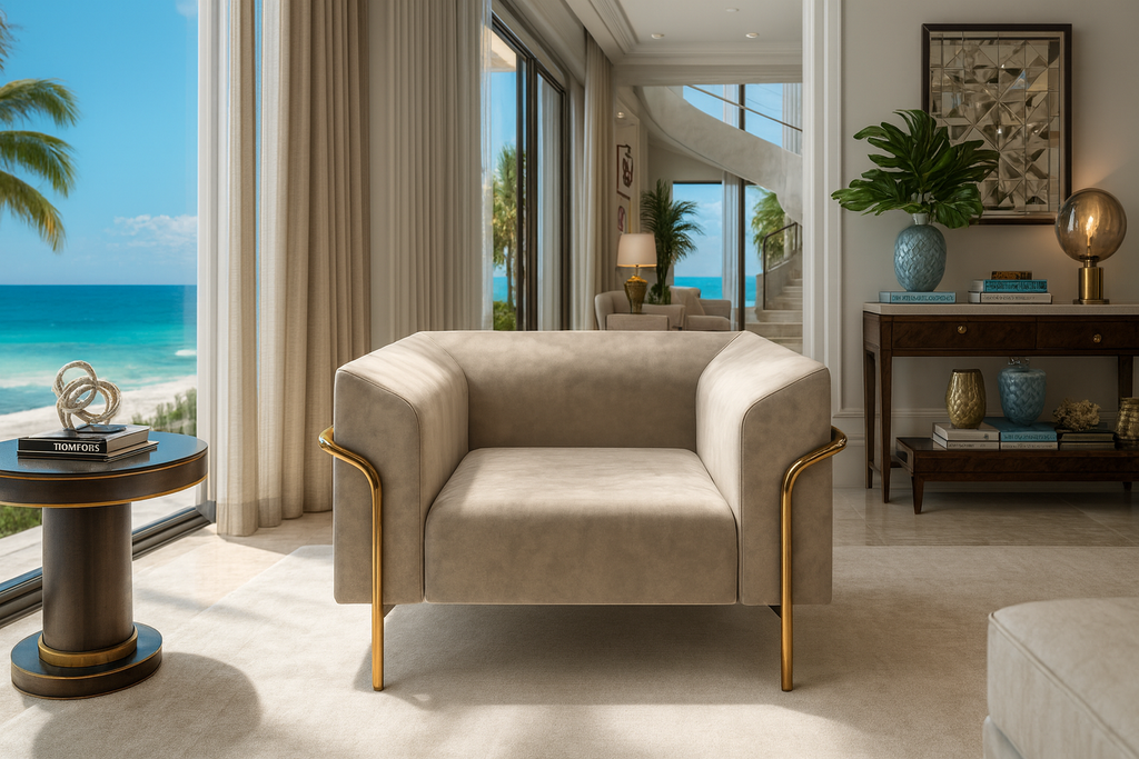 Modern Phobos Accent Chair with light beige upholstery and sleek gold metal legs