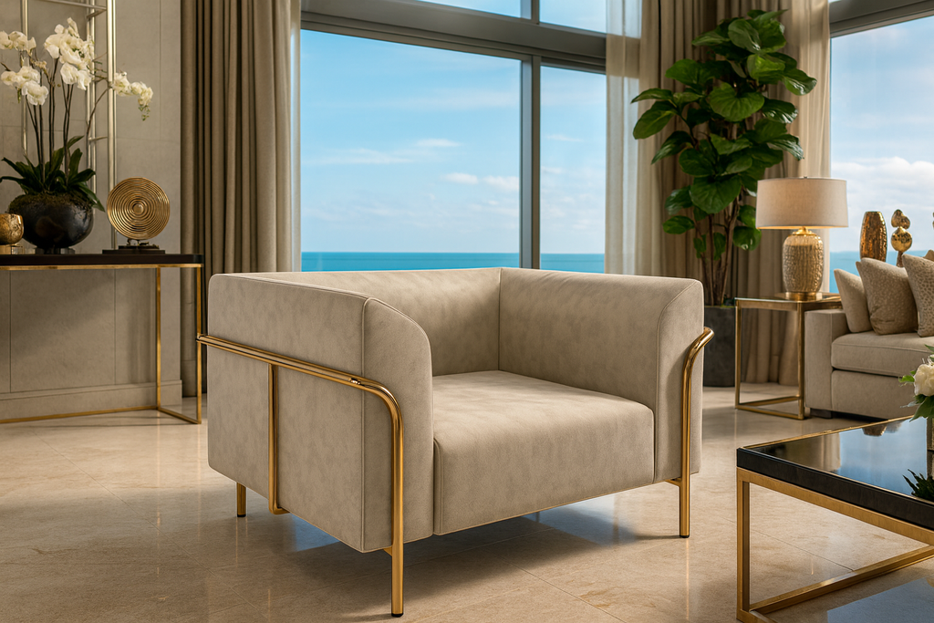 Cream-colored upholstery material on Phobos Accent Chair with gold metal frame and legs