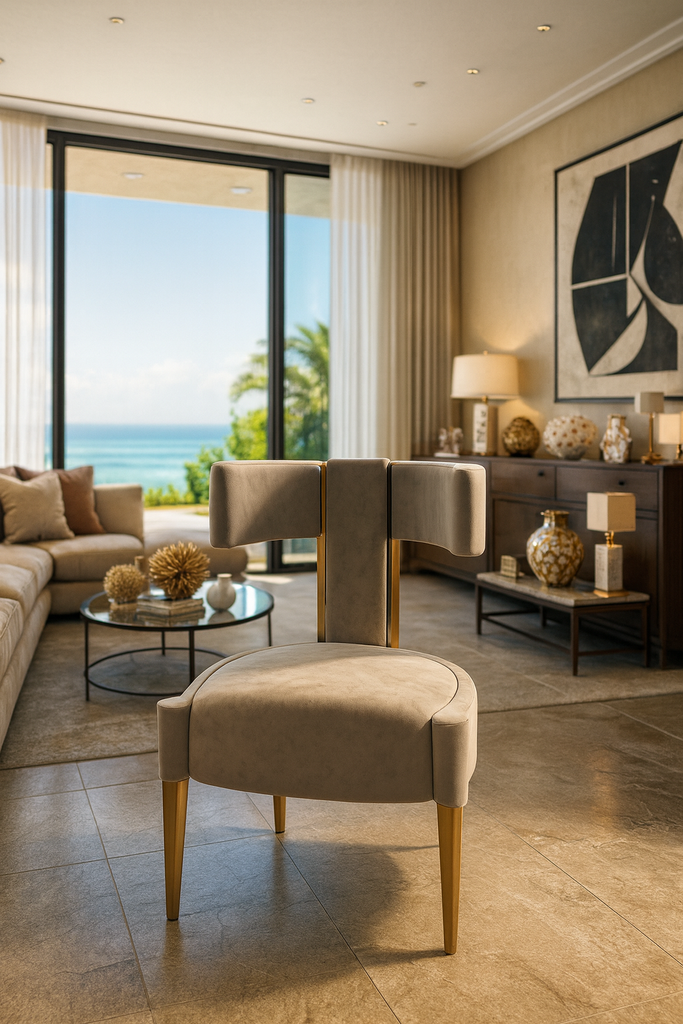 Erevos Dining Chair with beige upholstery and gold-finished legs for modern dining rooms