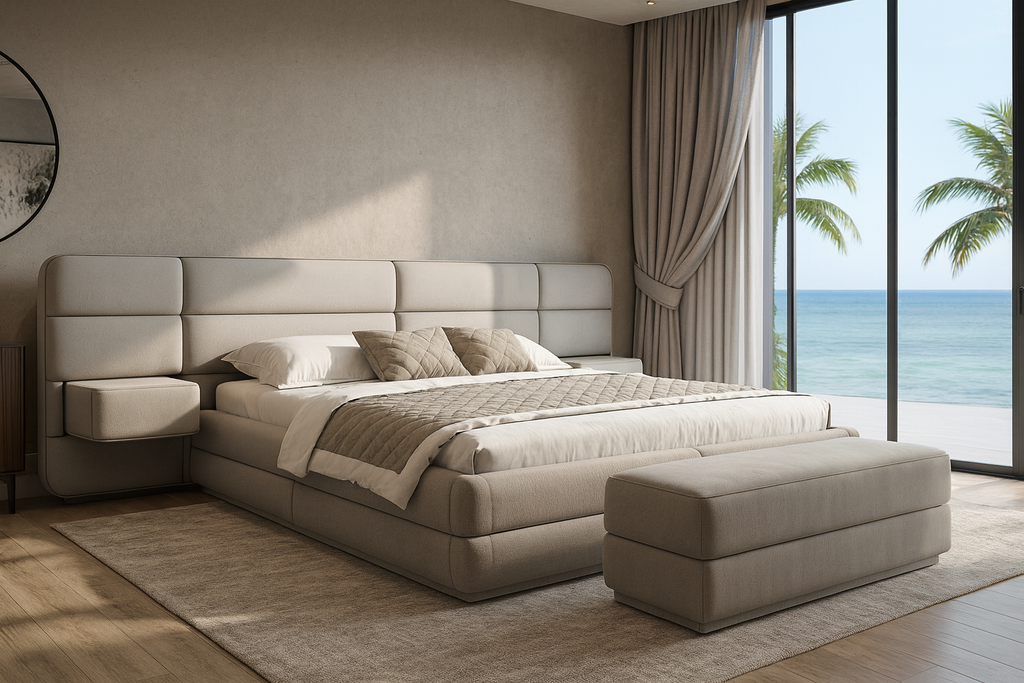 Beige upholstered Velastra Bed with integrated headboard and floating nightstands