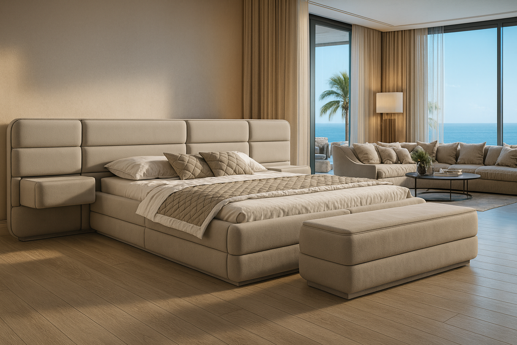 Luxurious Velastra Bed with upholstered headboard, matching frame, nightstands, and ottoman