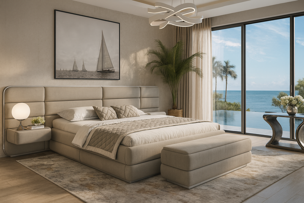 Luxurious Velastra Bed with upholstered padded headboard and integrated nightstands