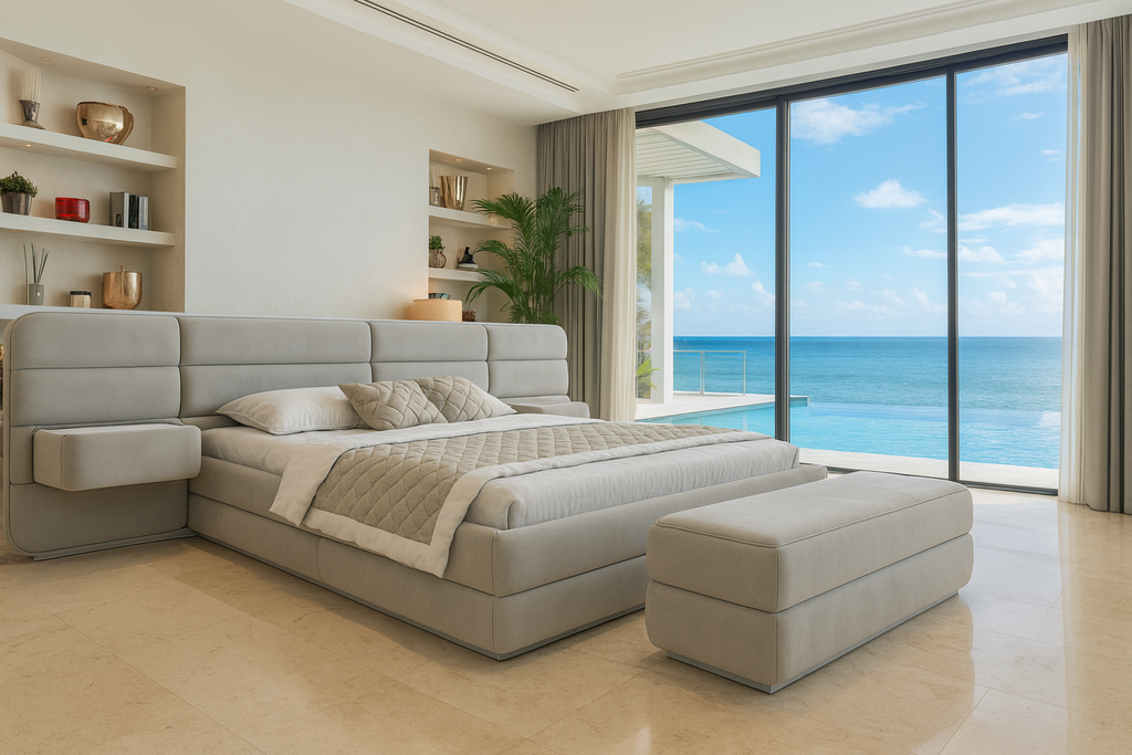 Luxurious Velastra Bed with light grey upholstered headboard and matching bench