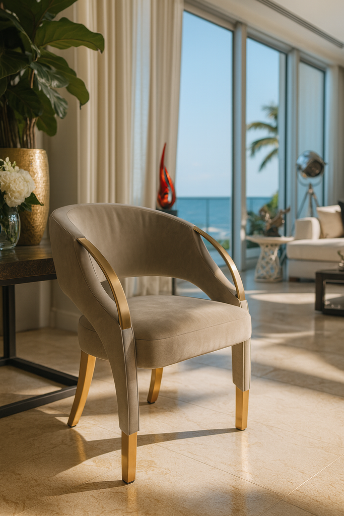 Beige Metis Dining Chair with fabric upholstery and gold metal legs and armrest accents