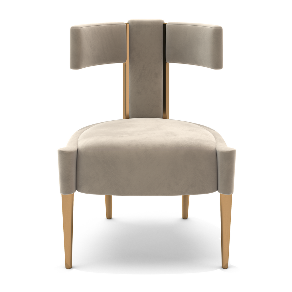 Erevos Dining Chair with beige upholstery, curved backrest, and golden legs