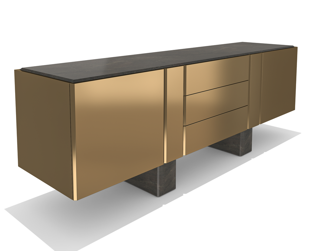 Modern gold and black Charites Metal Resin Credenza with multiple drawers and cabinets