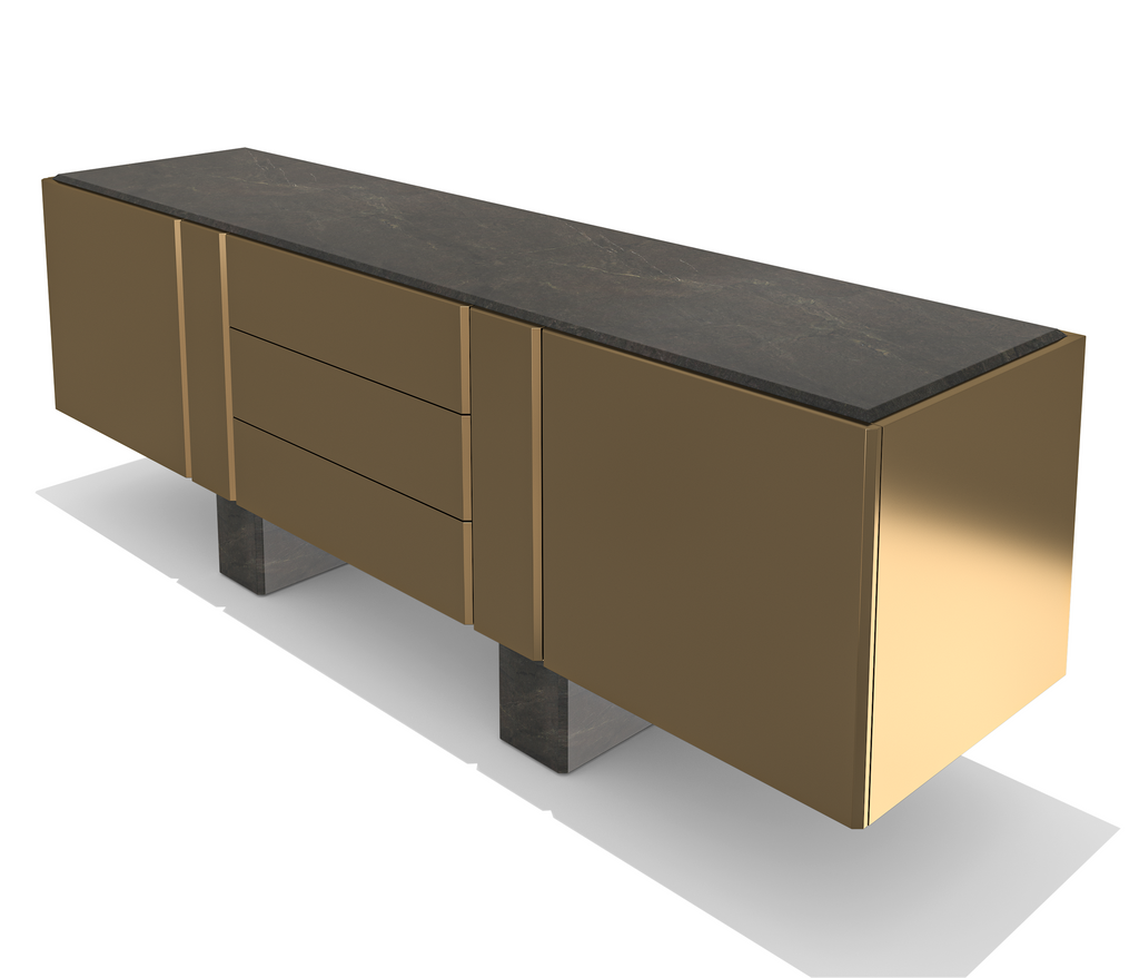 Charites Metal Resin Credenza with dark top, bronze finish, and sleek modern design
