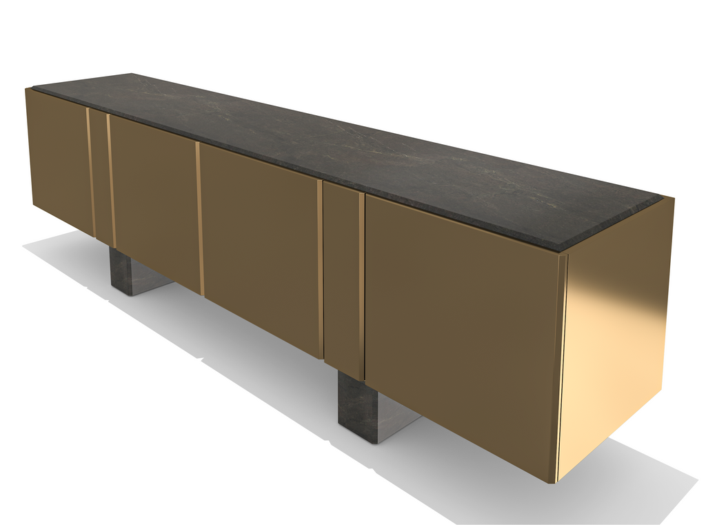 Modern Charites Metal Resin Credenza with dark top, bronze body, and rectangular legs