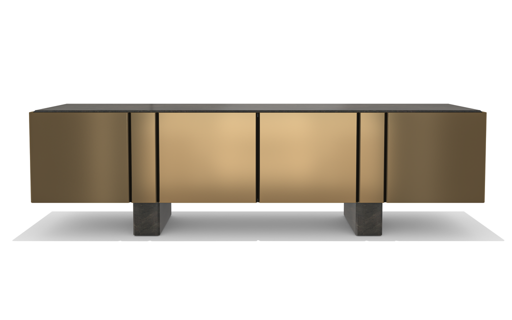 Charites Metal Resin Credenza with dark top and base, four golden-bronze doors