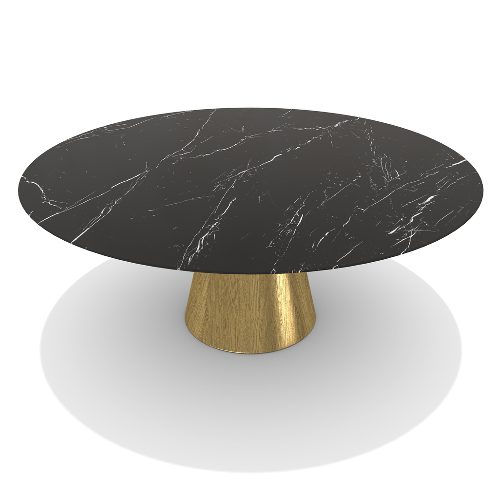 Black Lunara Metal Resin Oval Dining Table with Black Marble Top and Gold Conical Base