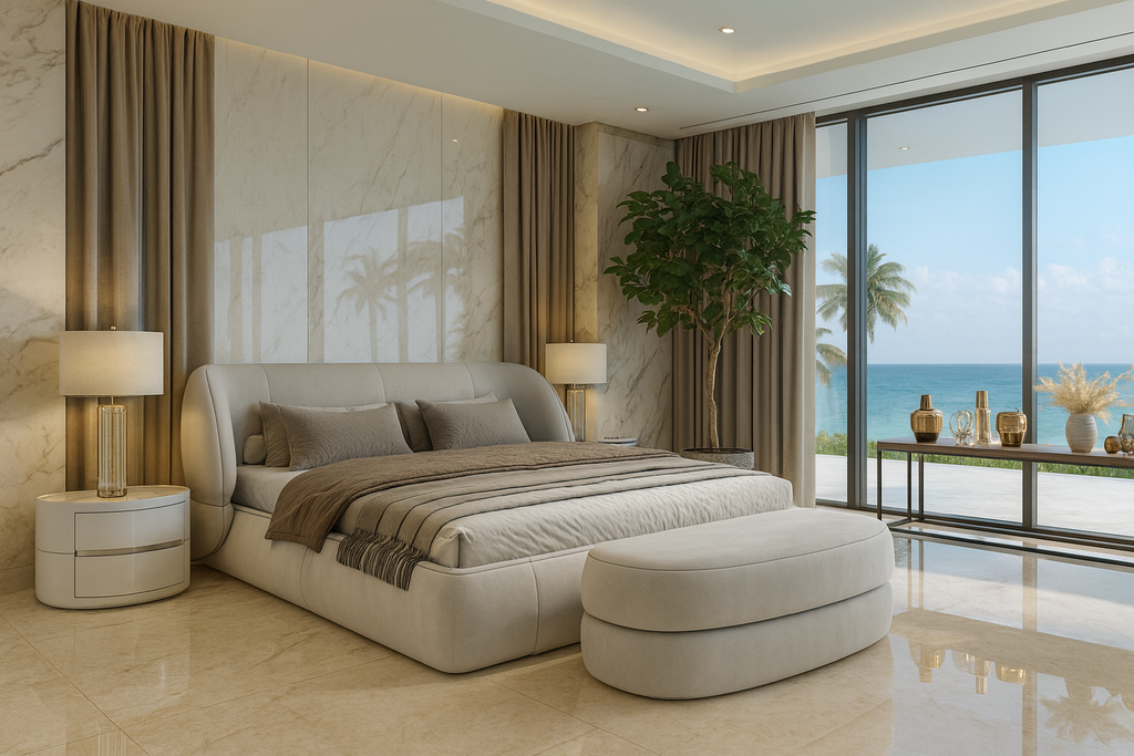 Modern gray upholstery Eurydice Bed with plush light-colored bedding and matching ottoman