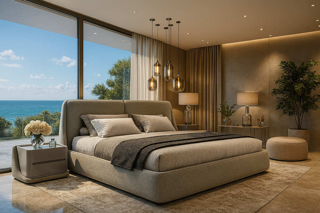 Luxurious Nymera Bed with plush upholstery material and modern furnishings in bright bedroom