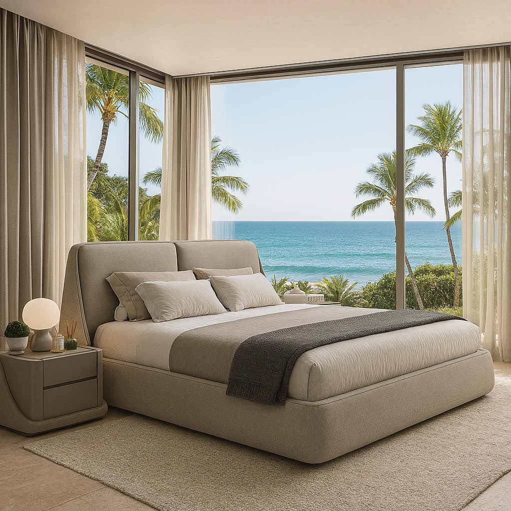 Nymera Bed with padded upholstered headboard and matching nightstand in light fabric