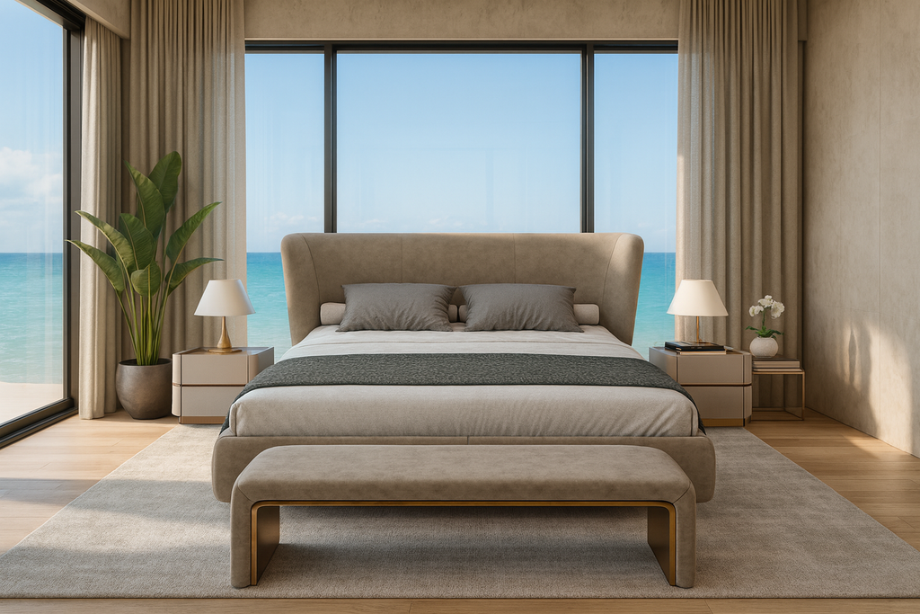 Minimalist bedroom with Lunaris Bed featuring neutral upholstery material and matching nightstands