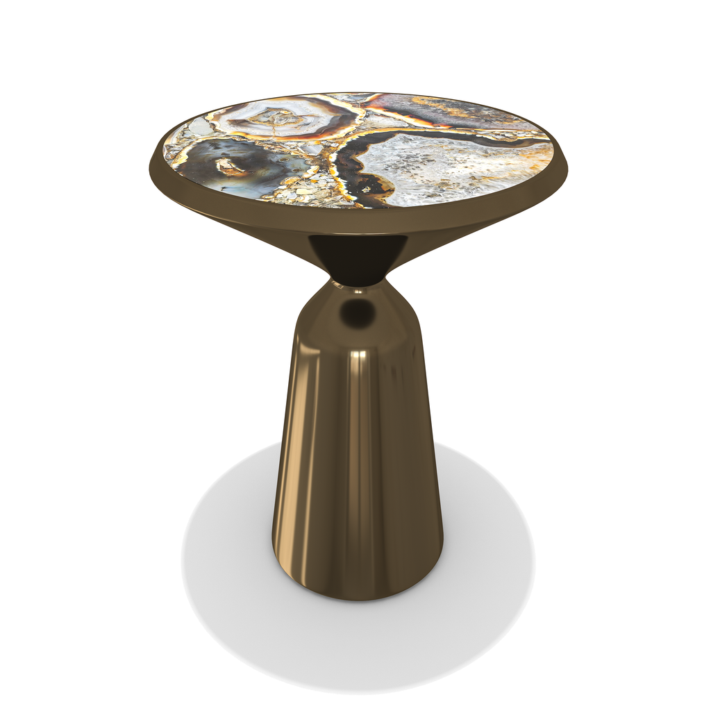 Elpenor Metal Resin End Table with polished bronze base and natural agate pattern