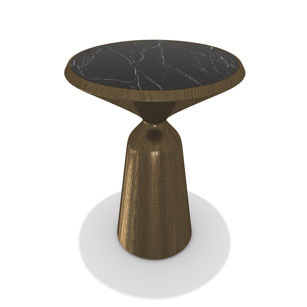 Elpenor Metal Resin End Table with black marble-top and brown wooden base