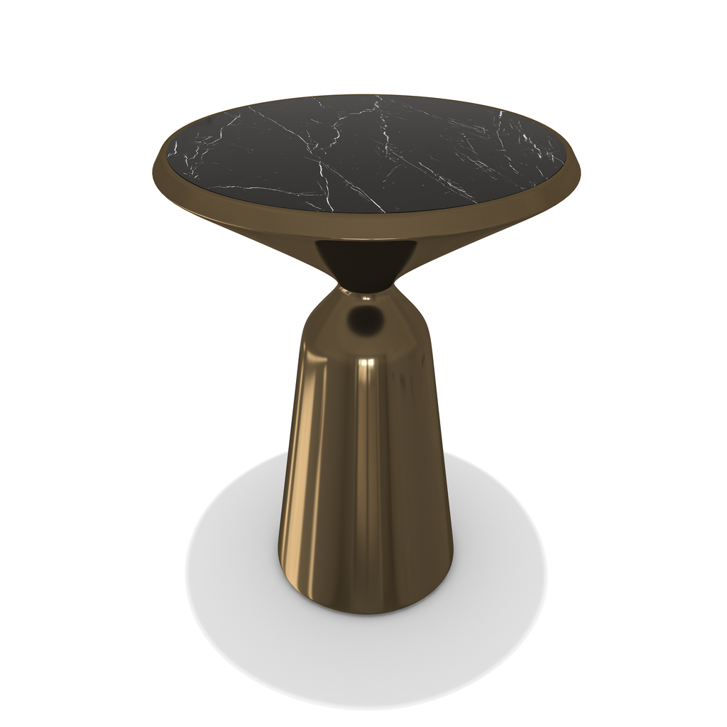 Elpenor Metal Resin End Table with black marble top and bronze pedestal base